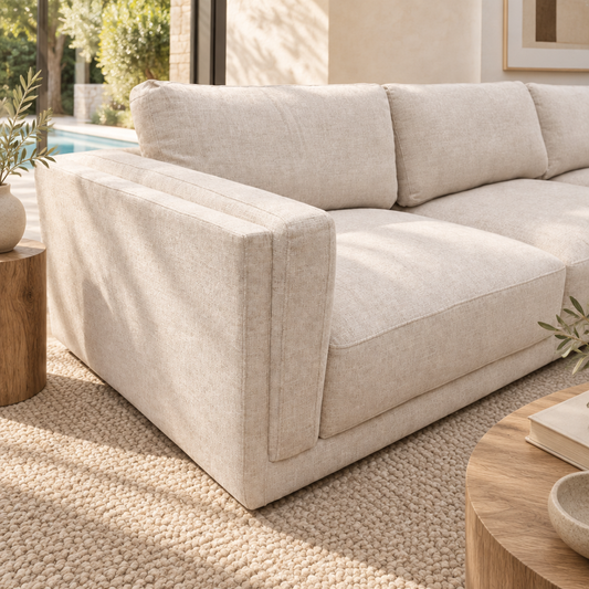 Vinny chenille chaise lounge, beige arm and seat cushion detail