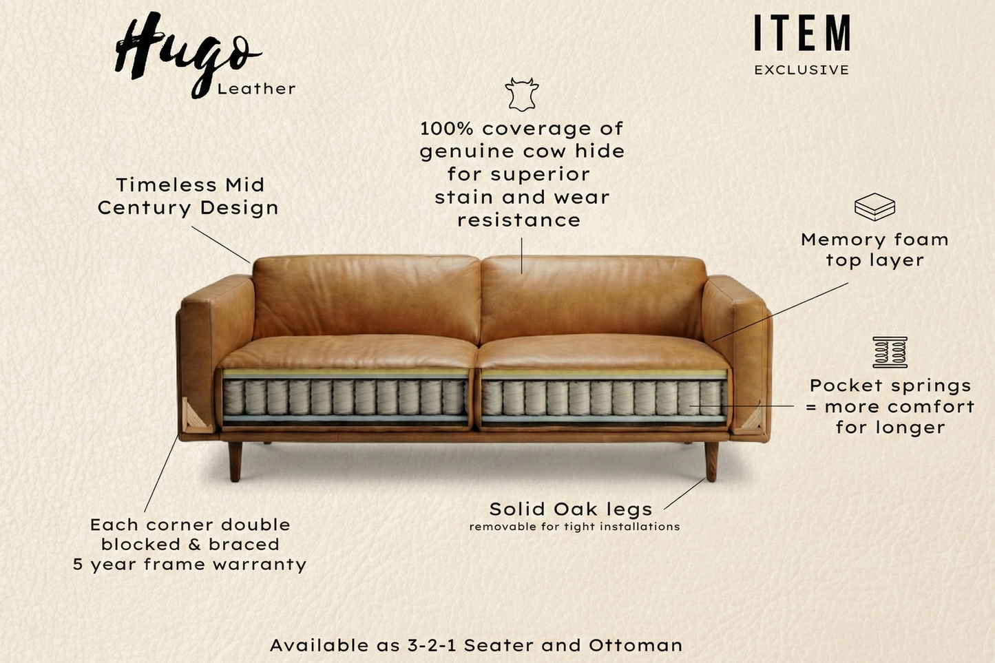 HUGO Leather Sofa 3-seater